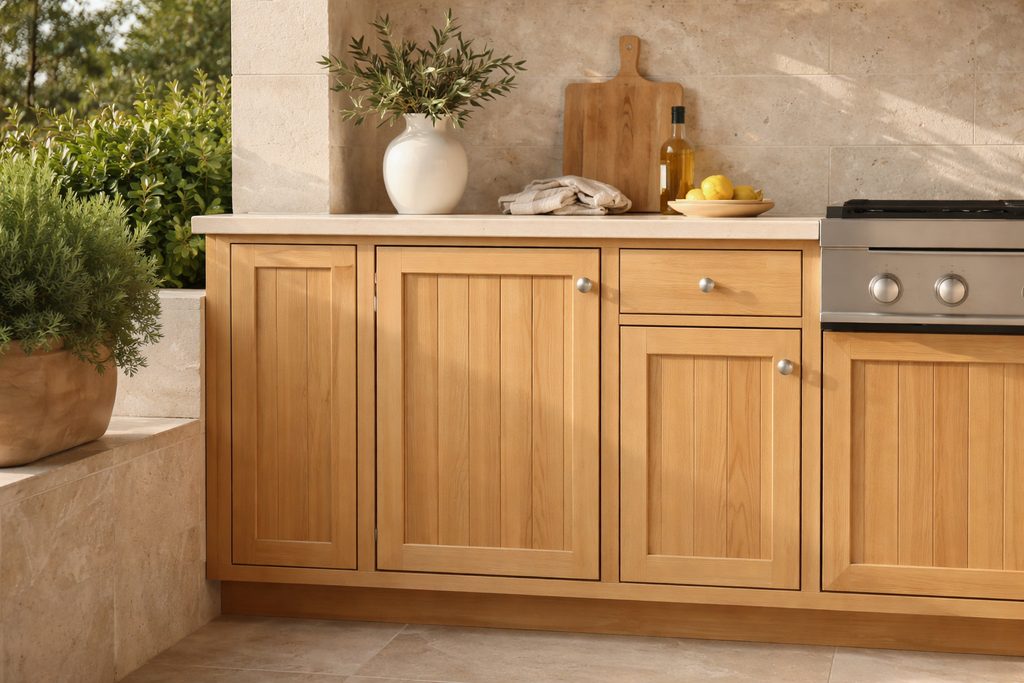Solid Cypress vgroove cabinet doors, custom handcrafted by Estate Millwork