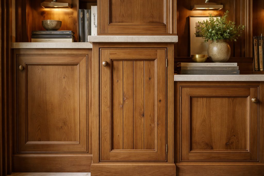 Solid Knotty Alder vgroove cabinet doors, custom handcrafted by Estate Millwork