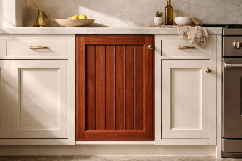 Solid Mahogany vgroove cabinet doors, custom handcrafted by Estate Millwork