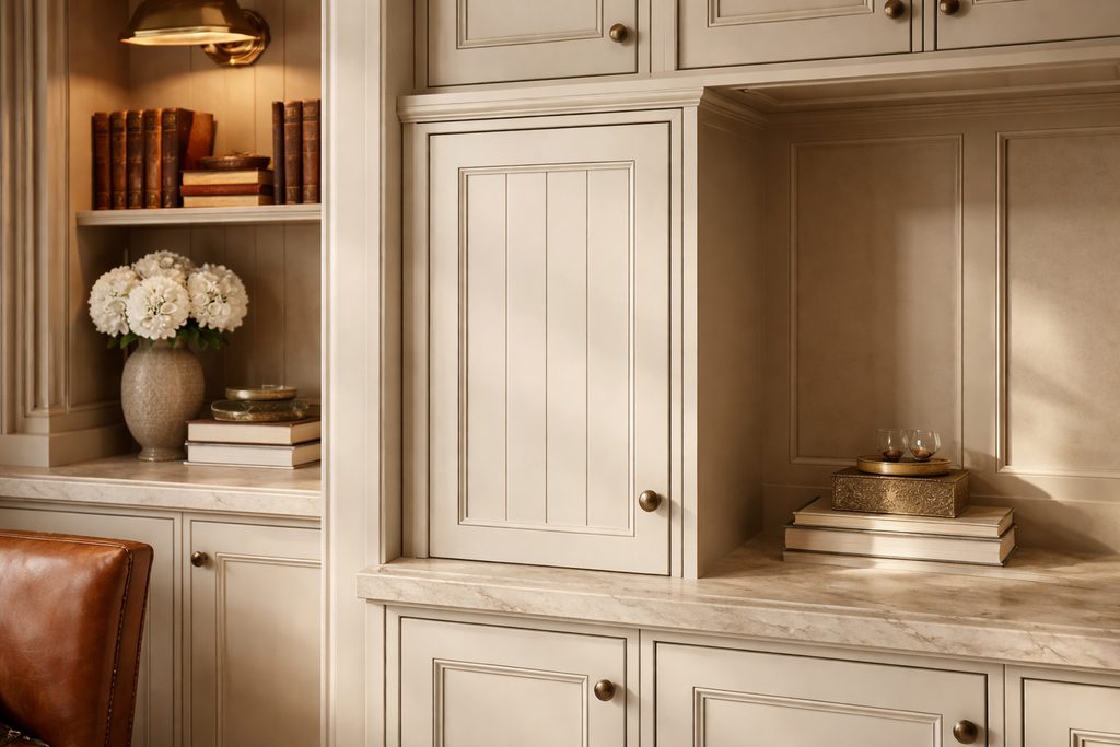 Solid Poplar vgroove cabinet doors, custom handcrafted by Estate Millwork