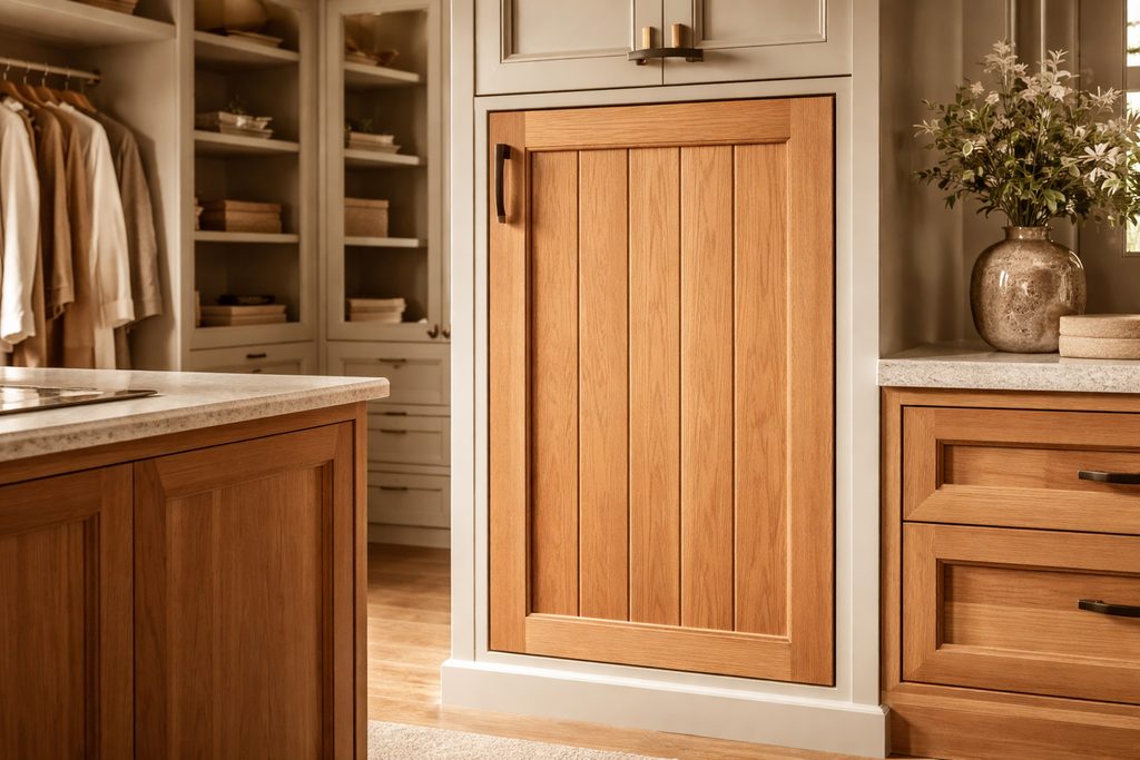 Solid Red Oak vgroove cabinet doors, custom handcrafted by Estate Millwork