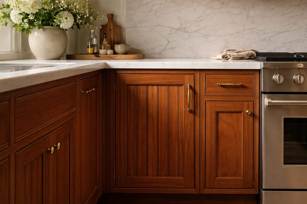 Solid Sapele vgroove cabinet doors, custom handcrafted by Estate Millwork