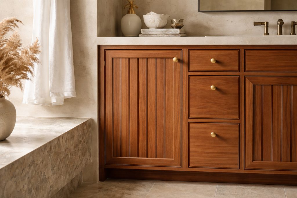 Solid Spanish Cedar vgroove cabinet doors, custom handcrafted by Estate Millwork