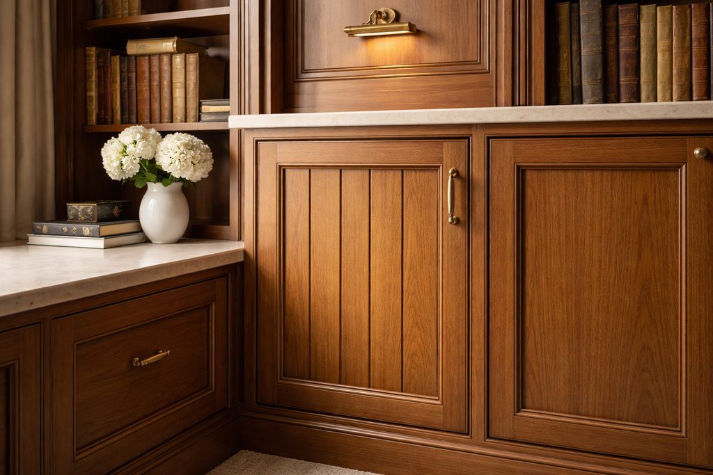Solid Teak vgroove cabinet doors, custom handcrafted by Estate Millwork