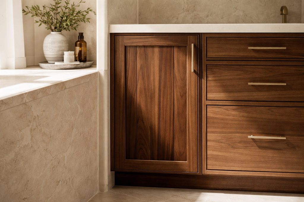 Solid Walnut vgroove cabinet doors, custom handcrafted by Estate Millwork