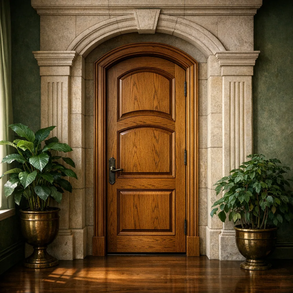 Arched wooden door with plants in a classical setting