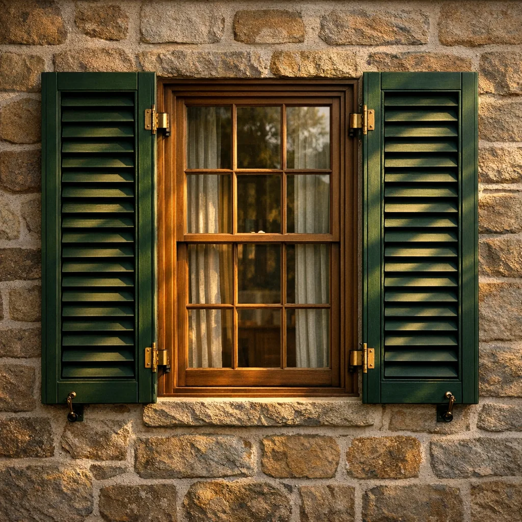 Green exterior shutters on a stone home