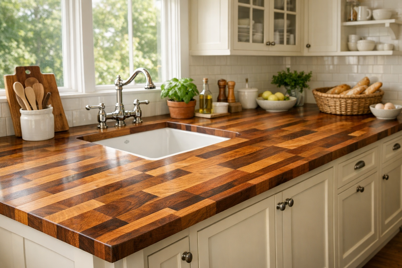 Blended grain butcher block wood countertop on a kitchen island