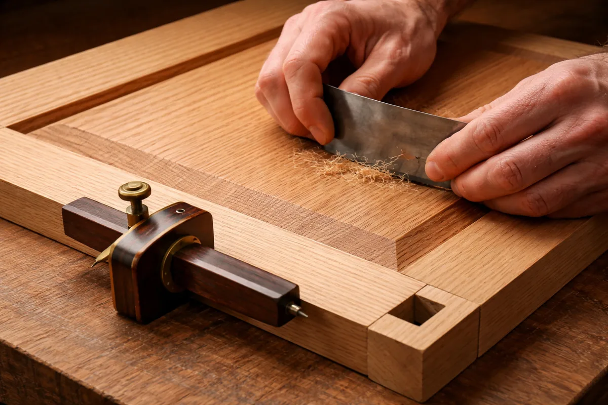 Estate Millwork craftsman — Sanding a raised-panel red oak cabinet door