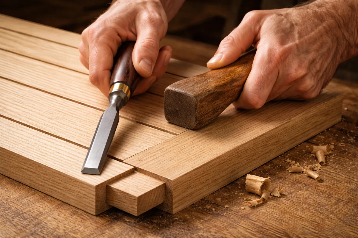 Estate Millwork craftsman — Chiseling a V-groove white oak cabinet door
