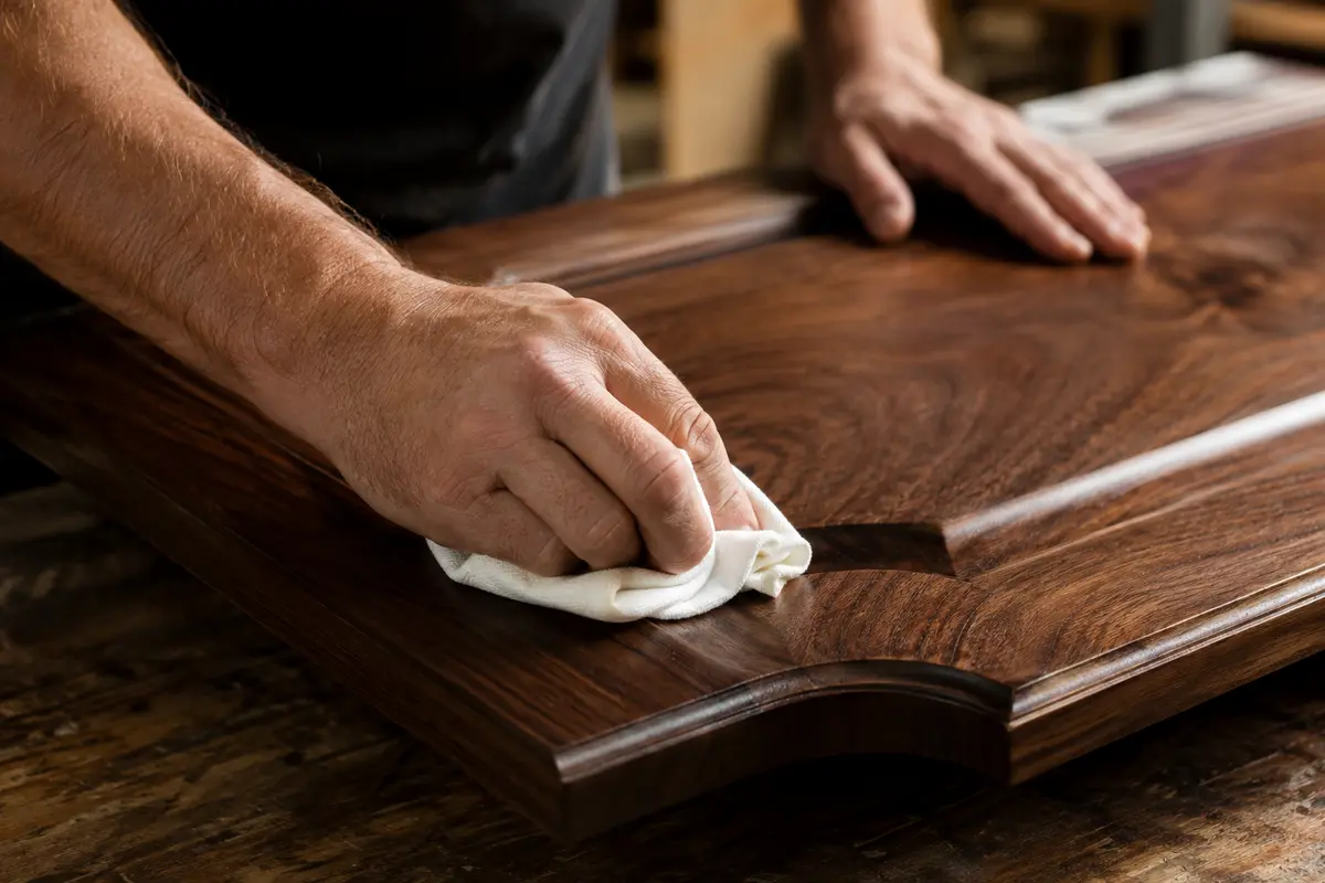 Estate Millwork craftsman — Polishing a custom walnut door