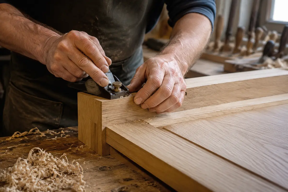 Estate Millwork craftsman — Planing a flat-panel white oak door