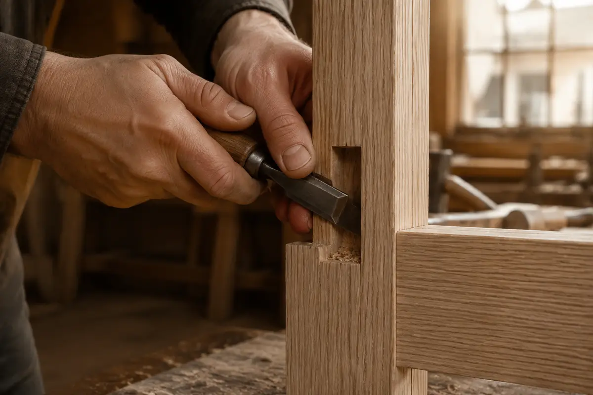 Estate Millwork craftsman — Chiseling joinery on a Mission white oak door