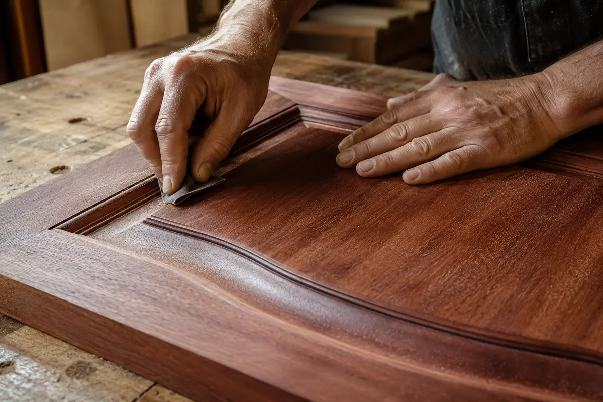 Estate Millwork craftsman — Sanding a raised-panel mahogany door