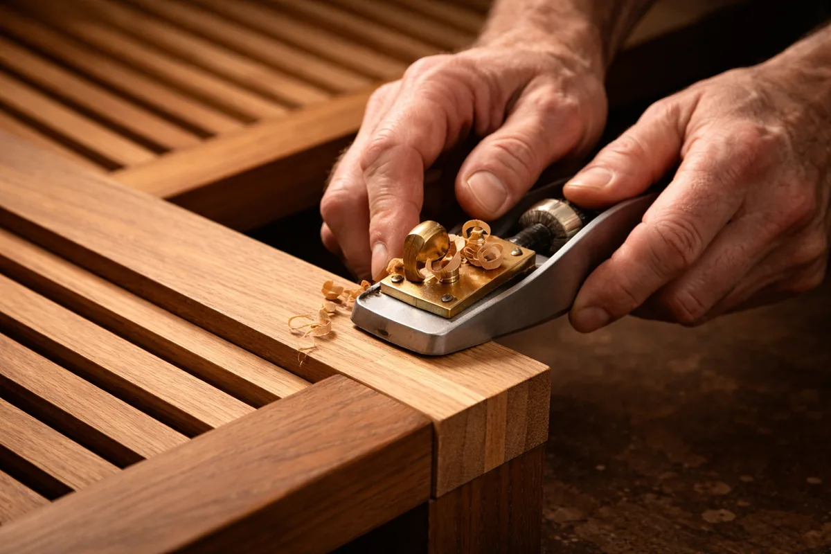 Estate Millwork craftsman — Planing a Bahama teak shutter