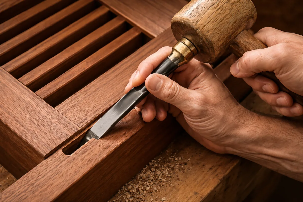Estate Millwork craftsman — Fitting a combination louver-and-panel mahogany shutter for a King William district home in San Antonio