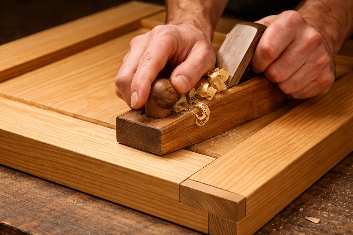 Estate Millwork craftsman — Sanding a flat-panel cypress shutter