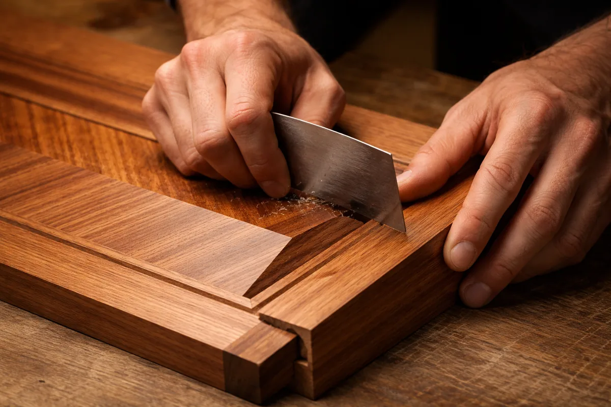 Estate Millwork craftsman — Hand-scraping a raised-panel sapele shutter
