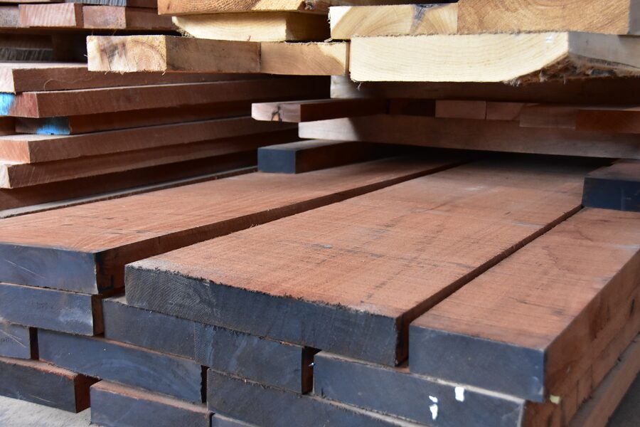 Banded bunk of rough-sawn hardwood lumber in Estate Millwork inventory
