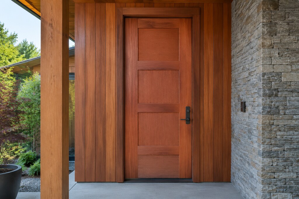 Solid Western Red Cedar flat panel doors, custom handcrafted by Estate Millwork