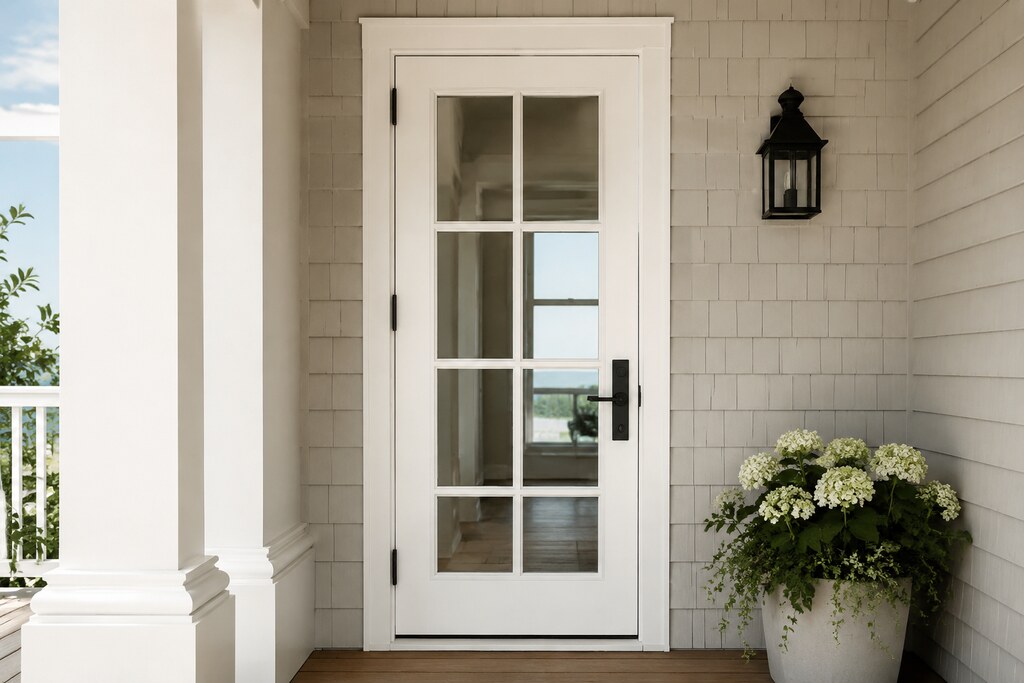 Solid Azek french doors, custom handcrafted by Estate Millwork