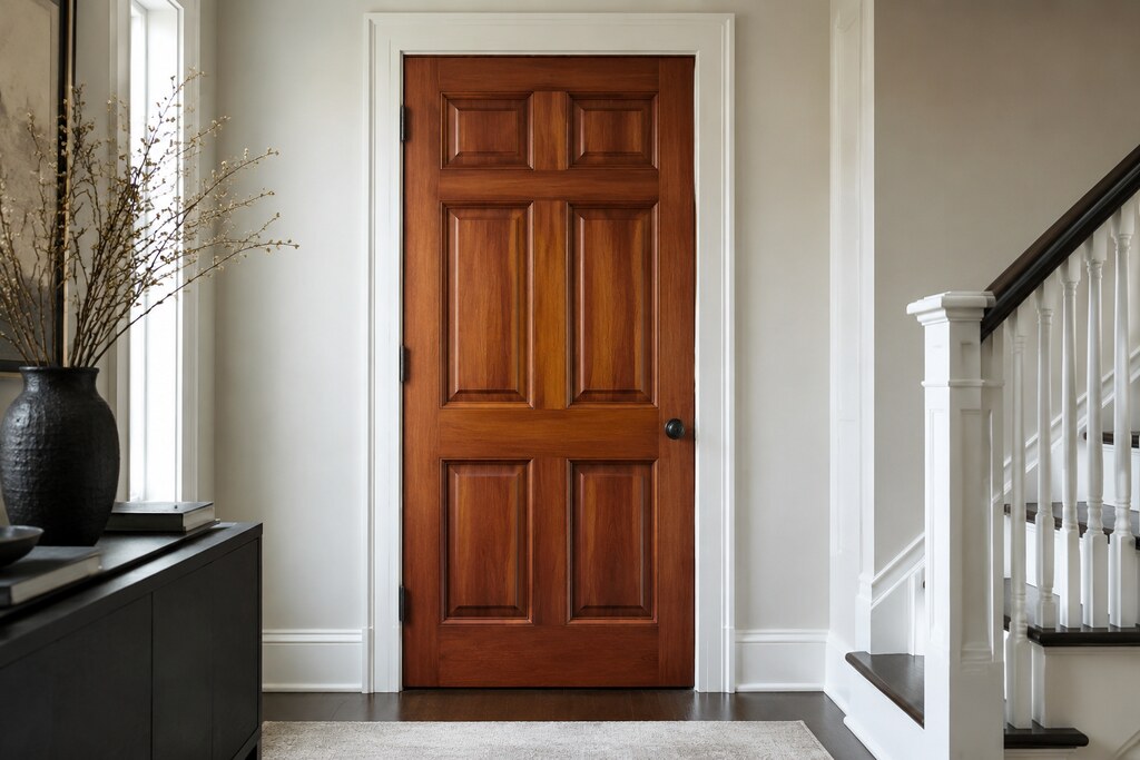 Solid Sapele raised panel doors, custom handcrafted by Estate Millwork