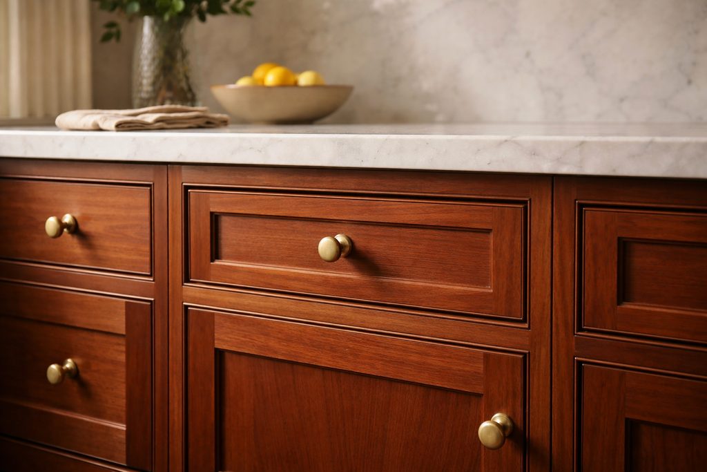 Solid Mahogany flat panel drawer fronts, custom handcrafted by Estate Millwork