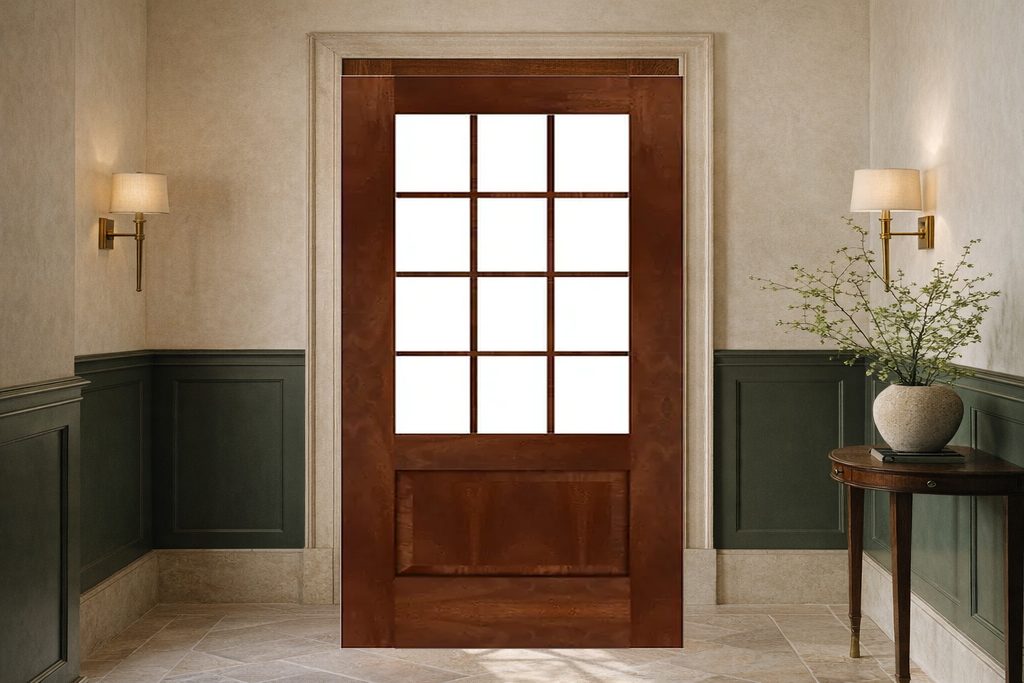 Solid Sapele french doors, custom handcrafted by Estate Millwork