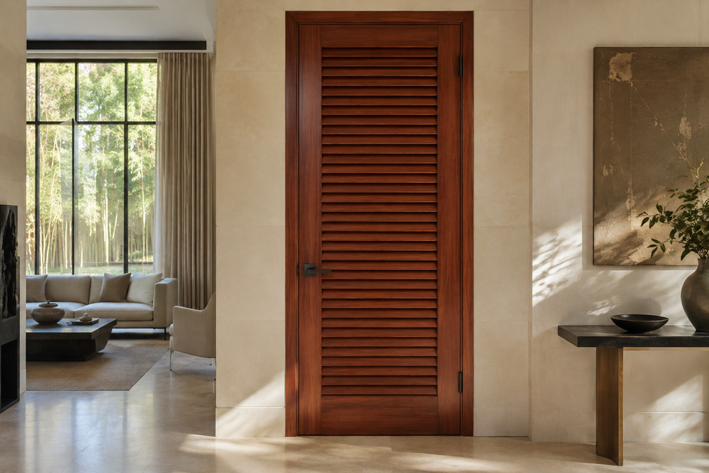 Solid Sapele louvered doors, custom handcrafted by Estate Millwork
