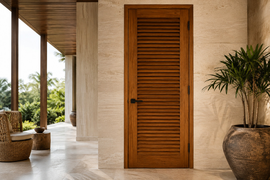 Solid Teak louvered doors, custom handcrafted by Estate Millwork