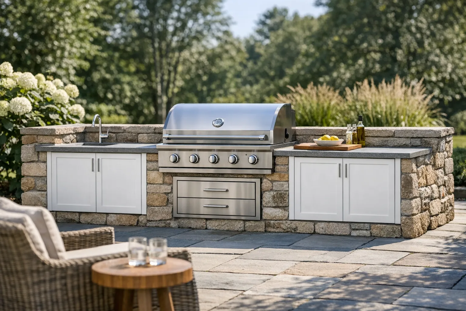 Custom weatherproof Azek flat panel cabinet doors in a rough stone outdoor kitchen
