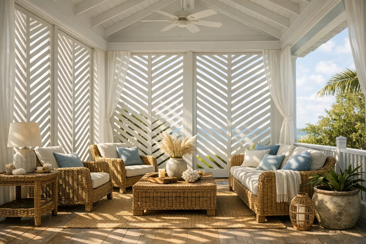 Custom chevron pattern louvered panels enclosing a Bermuda front porch