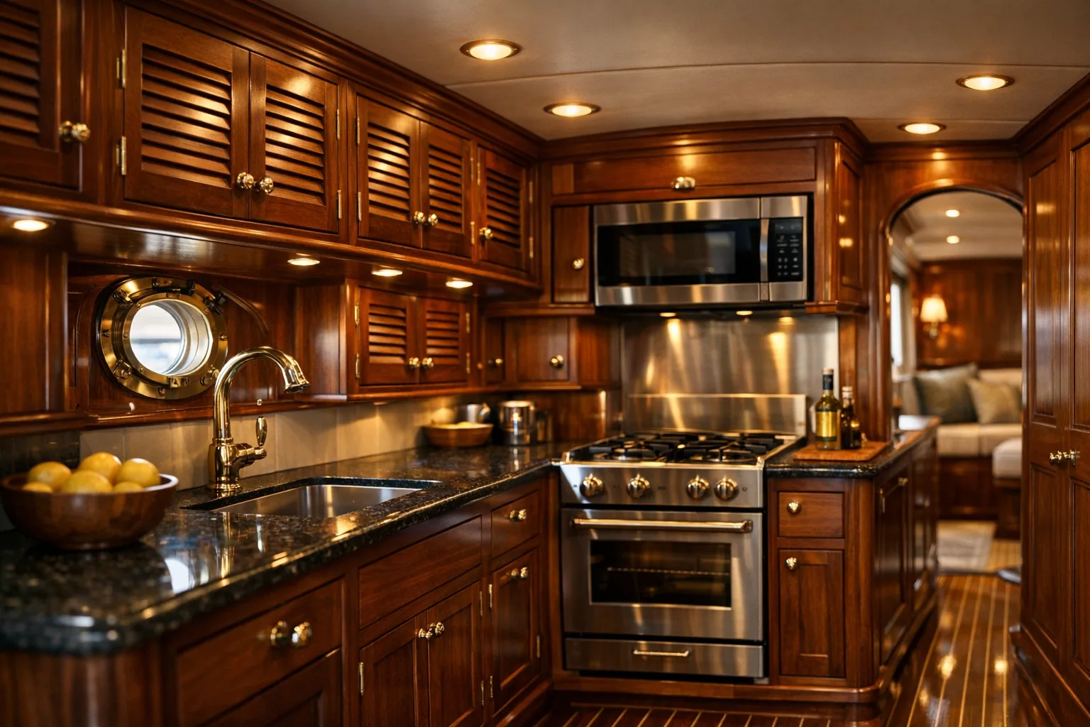 Custom cherry louvered cabinet doors in a luxury yacht galley