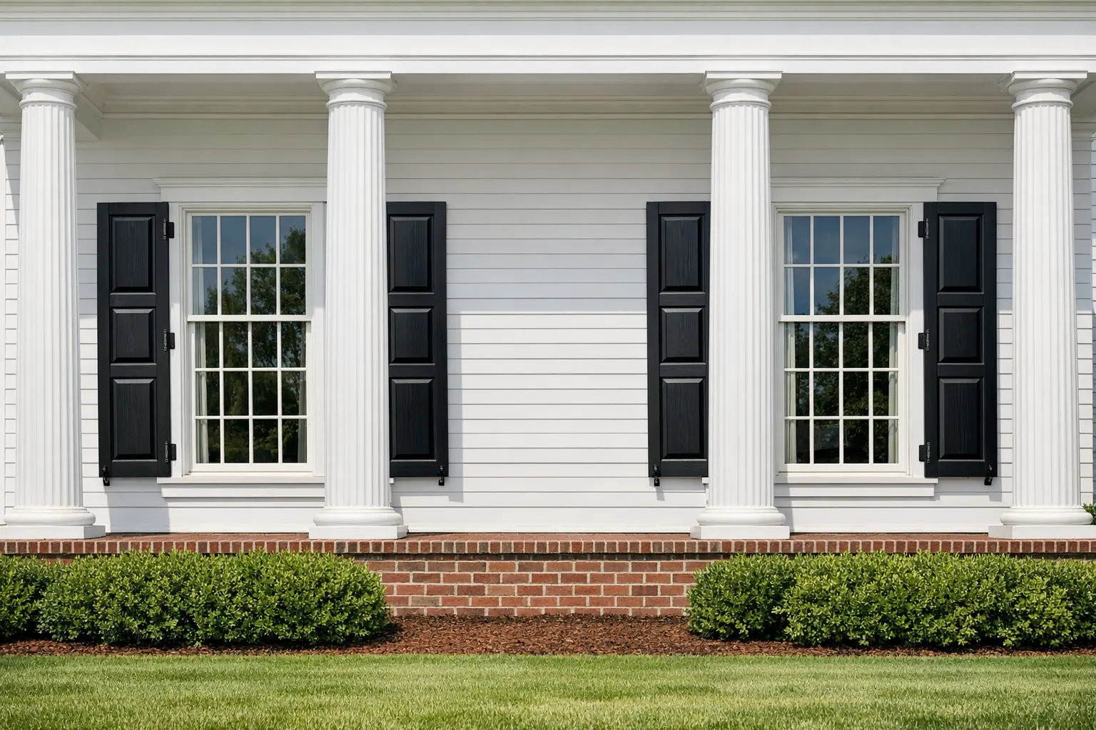 Custom Tricorn black flat panel exterior shutters on a Colonial Georgian plantation home