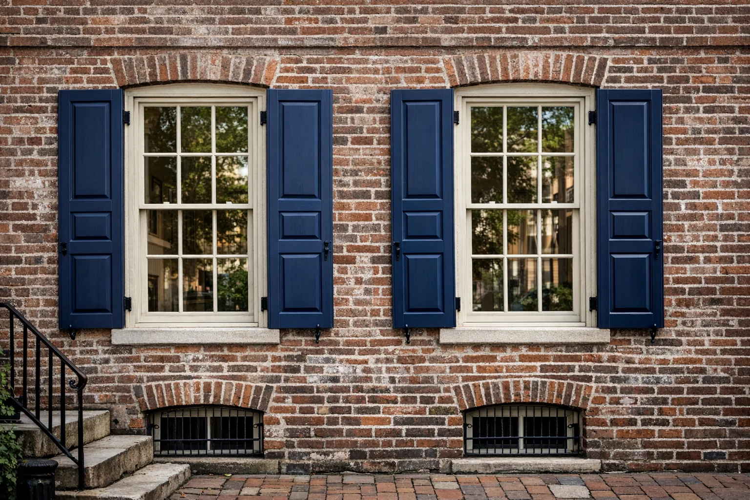 Custom royal navy blue flat panel exterior shutters on an aged red brick Philadelphia Federal townhouse