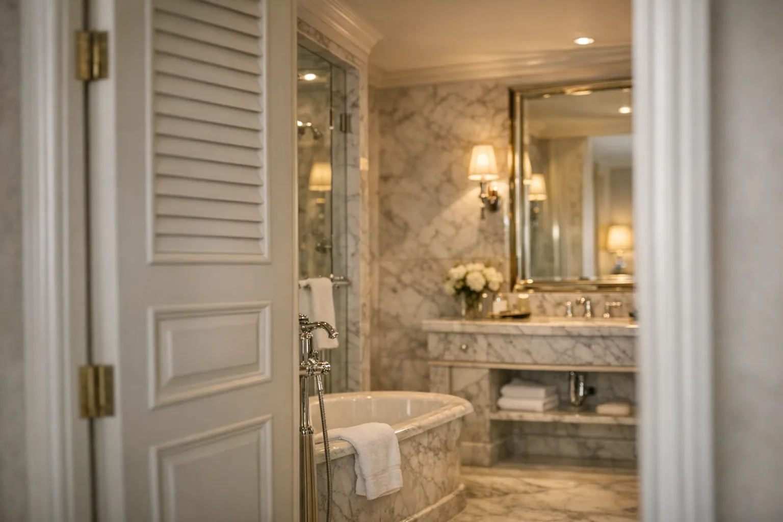 Custom cream painted louver-over-panel doors opening into a marble Ritz-Carlton style bath