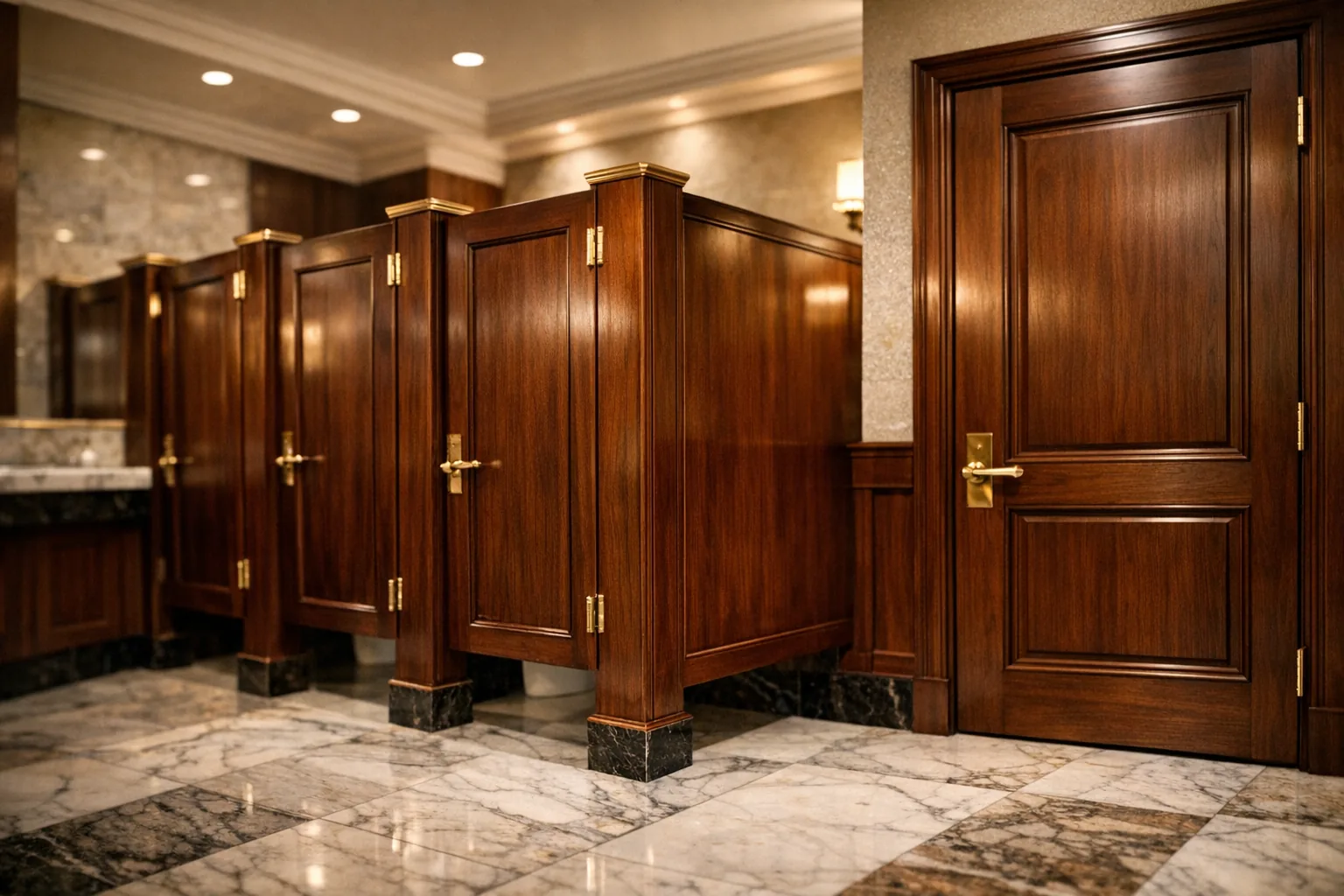 Custom mahogany toilet room doors and partitions in an executive men's room