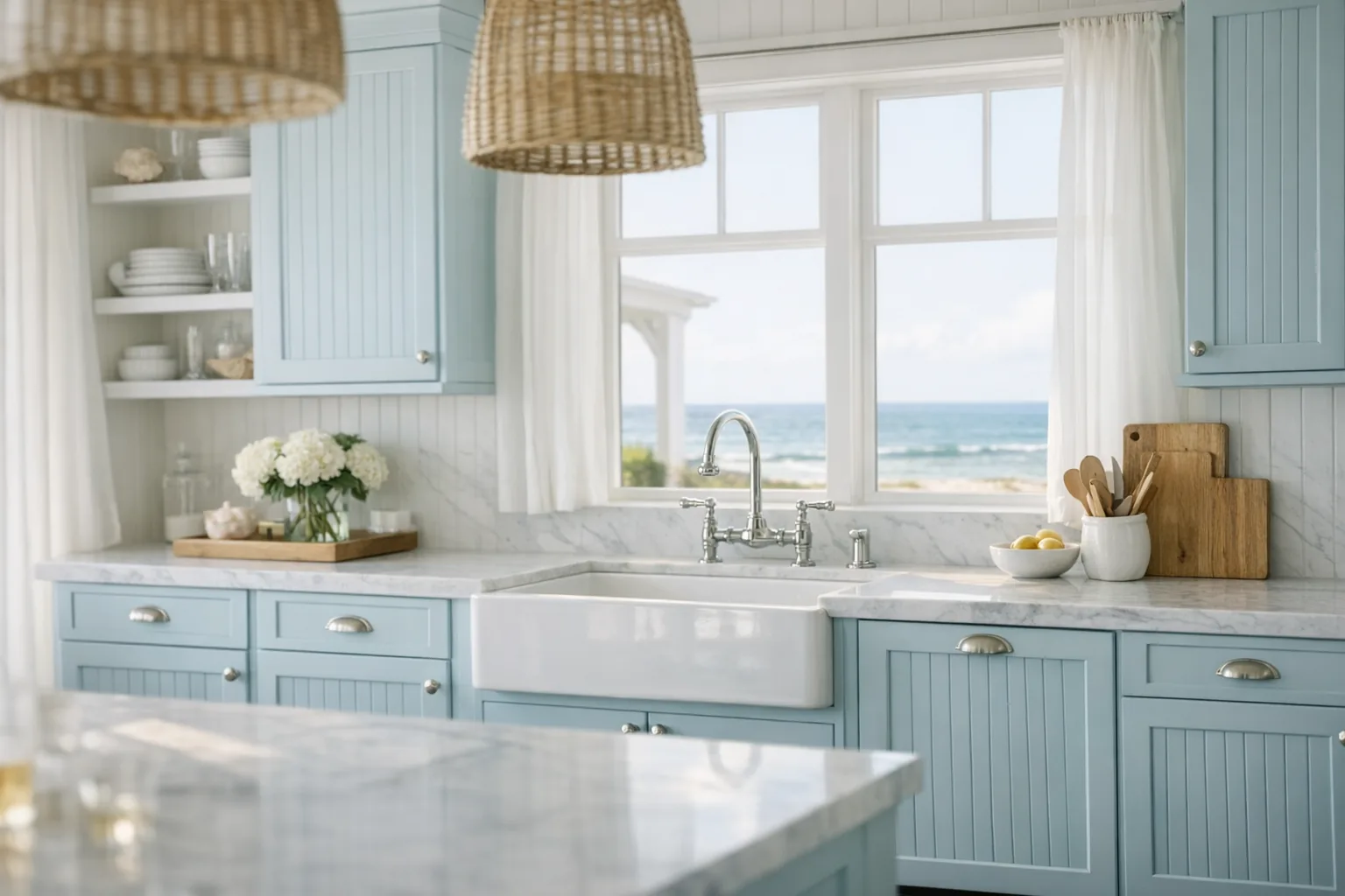 Custom beadboard cabinet doors painted pale Aegean blue in a Nantucket coastal kitchen