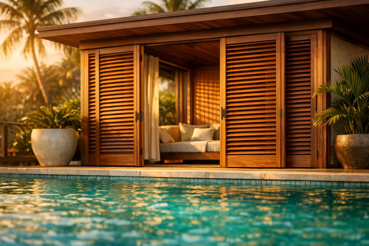 Custom teak louvered exterior doors on a resort pool cabana