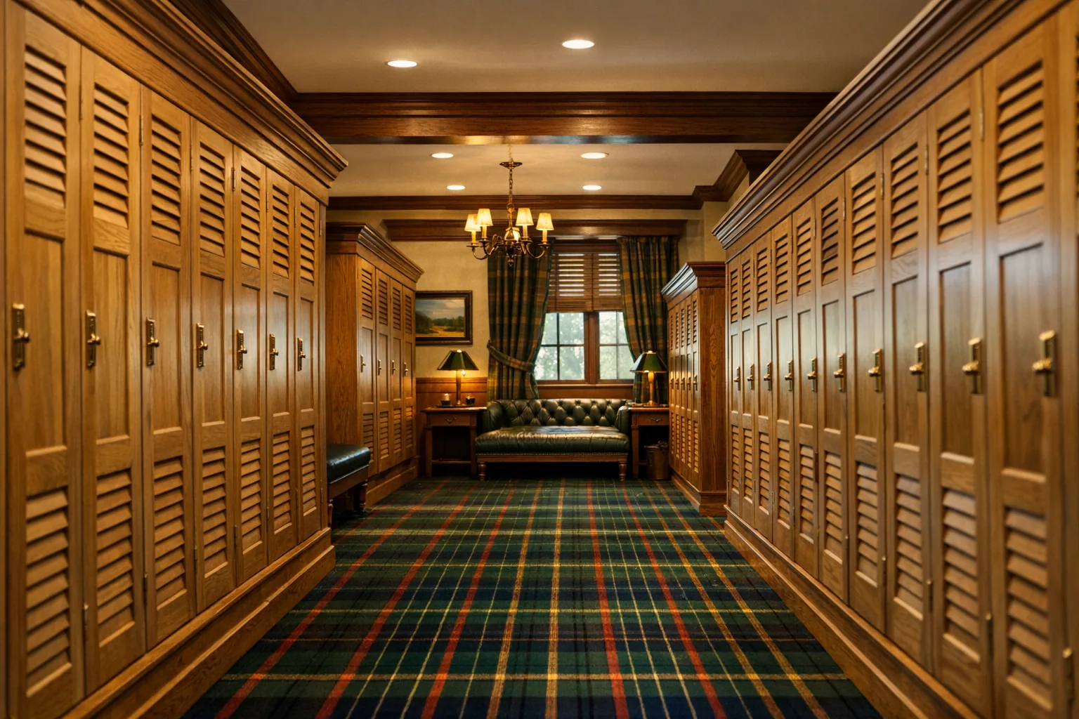 Custom white oak louvered locker doors in a Scottish-style golf clubhouse