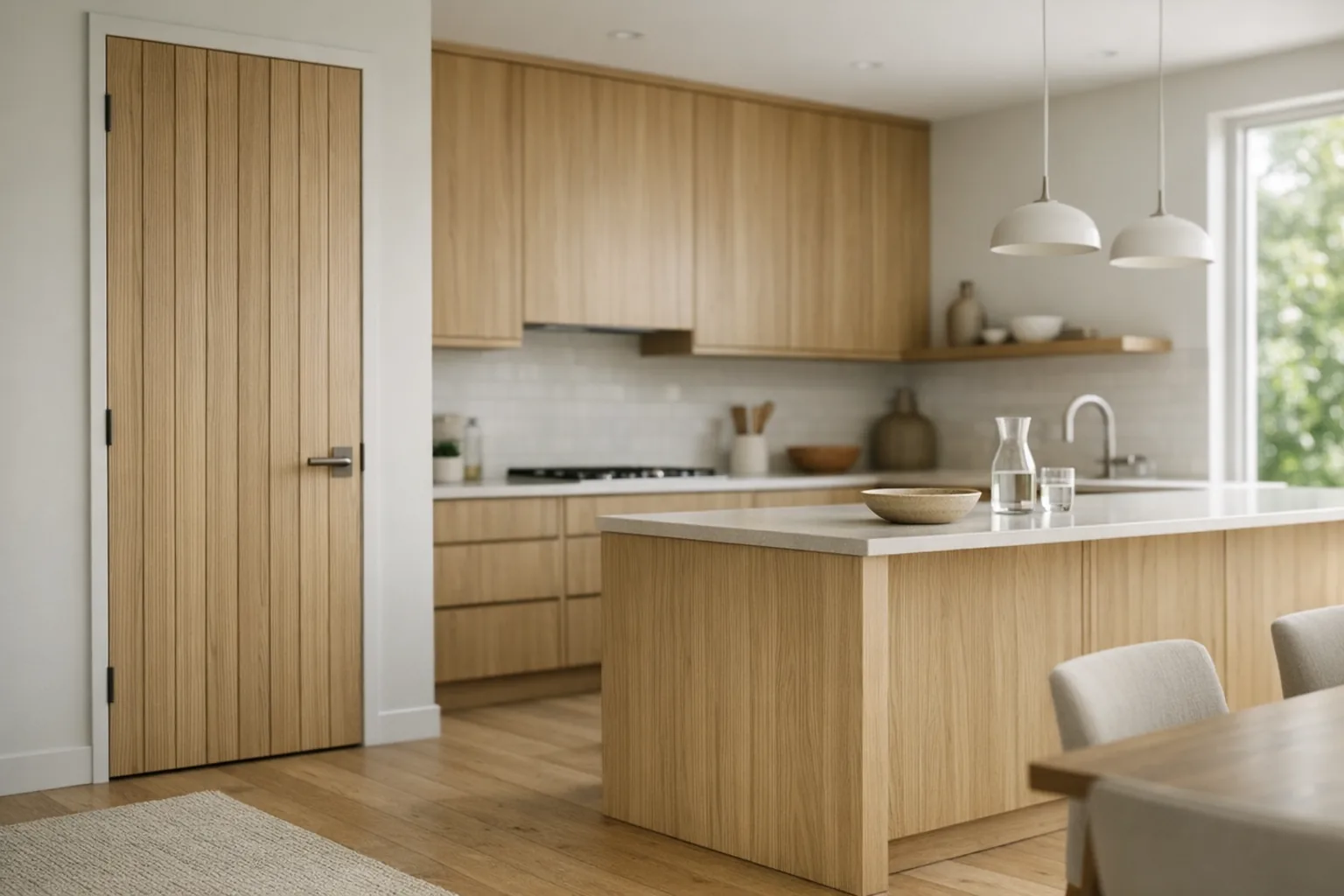 Custom white oak V-groove doors and matching cabinets in a modern kitchen