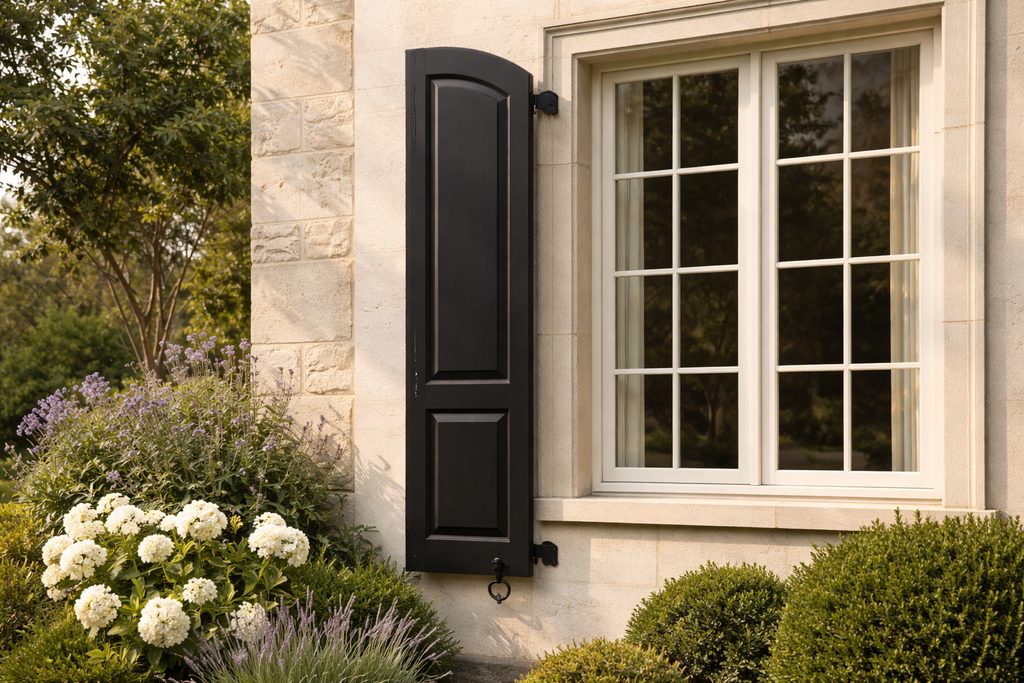 Solid Azek arched shutters, custom handcrafted by Estate Millwork