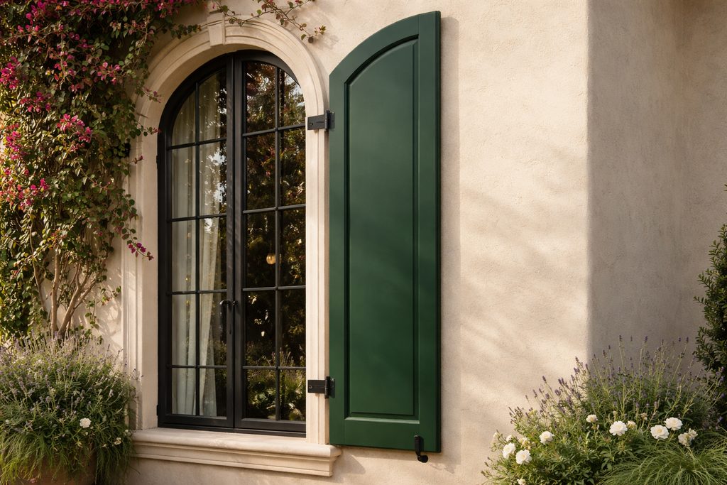Solid Cherry arched shutters, custom handcrafted by Estate Millwork