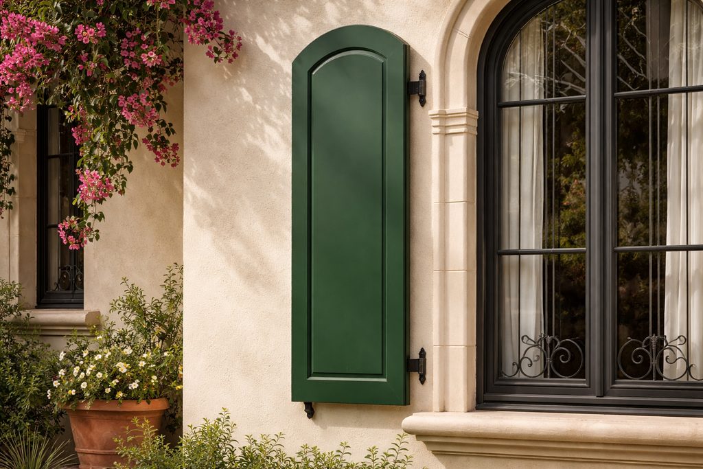 Solid Cypress arched shutters, custom handcrafted by Estate Millwork