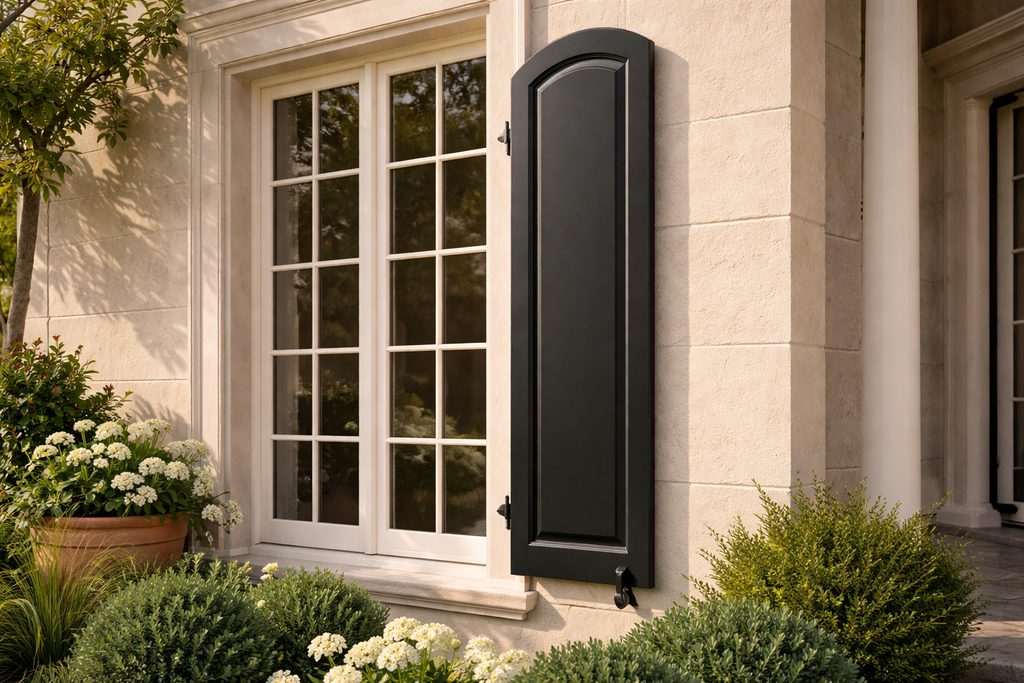 Solid Mahogany arched shutters, custom handcrafted by Estate Millwork