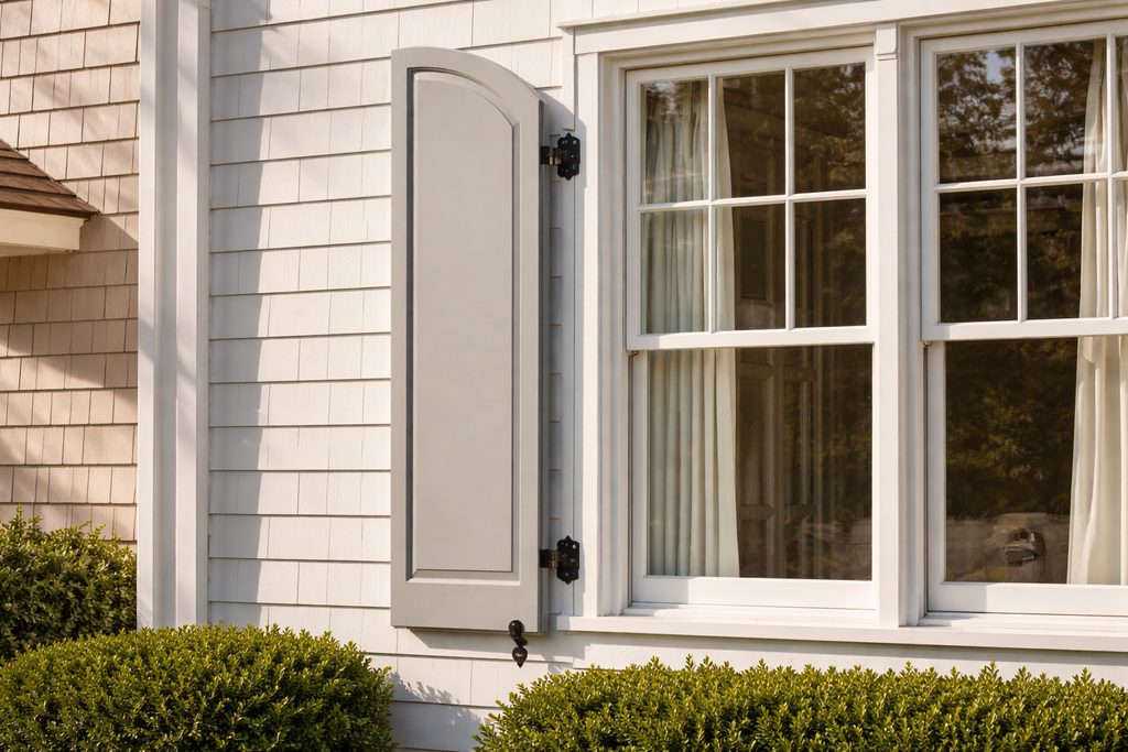 Solid Poplar arched shutters, custom handcrafted by Estate Millwork