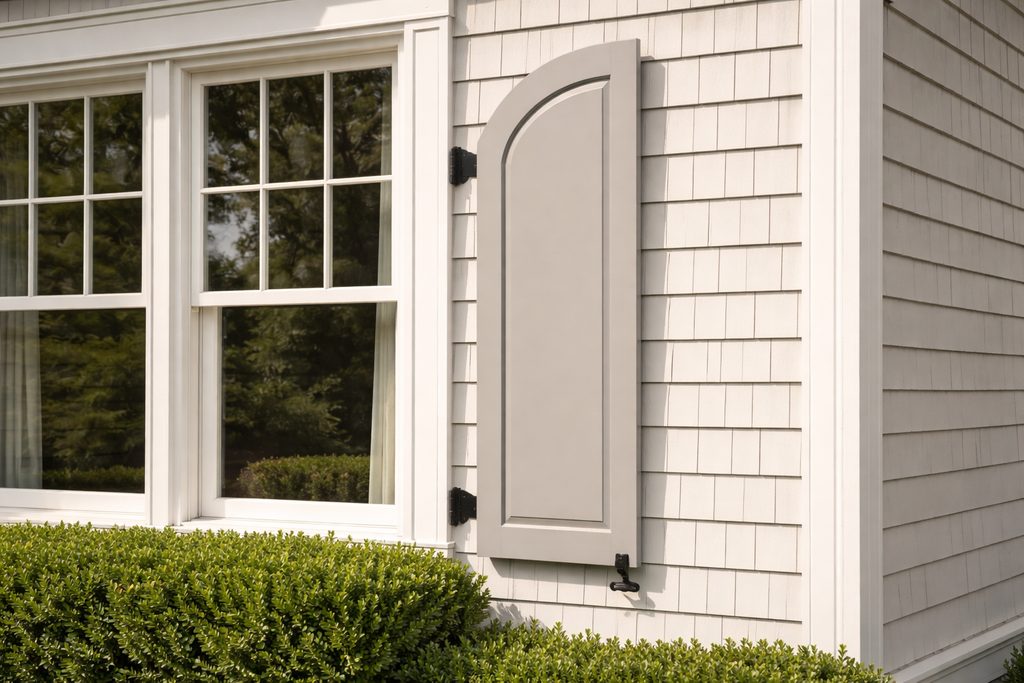 Solid Sapele arched shutters, custom handcrafted by Estate Millwork