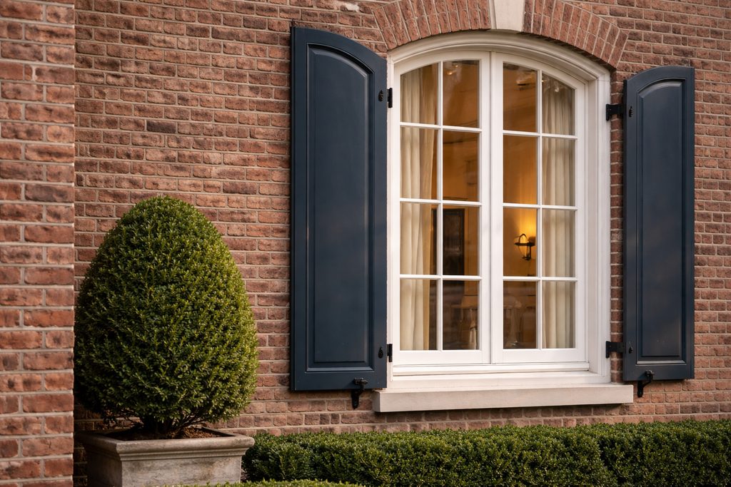 Solid Spanish Cedar arched shutters, custom handcrafted by Estate Millwork
