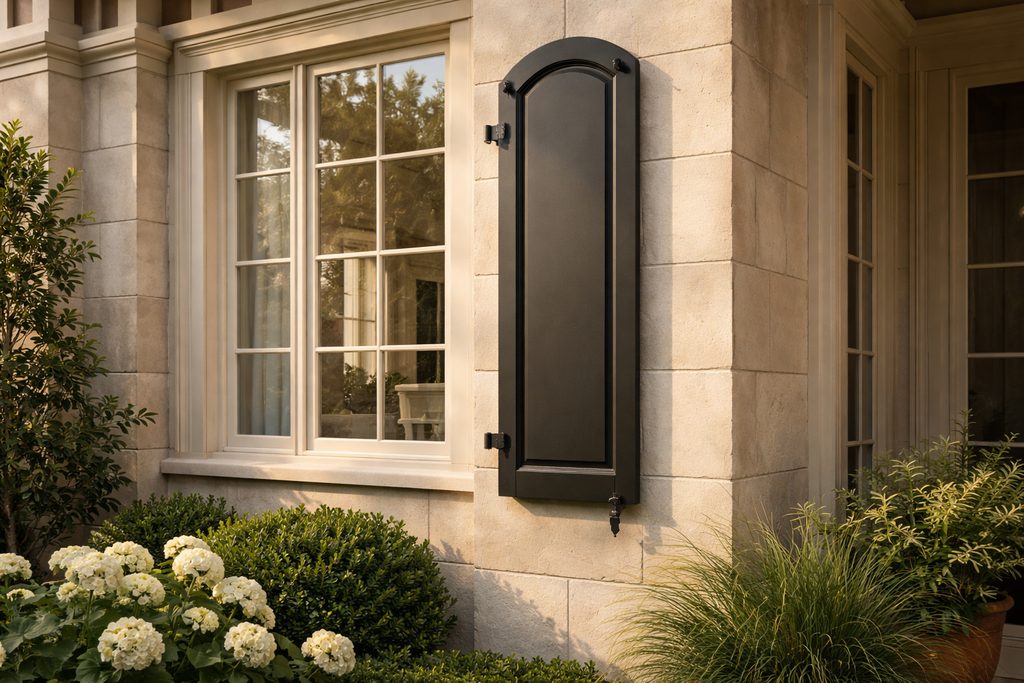 Solid Teak arched shutters, custom handcrafted by Estate Millwork