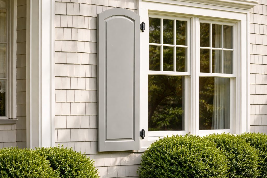 Solid Walnut arched shutters, custom handcrafted by Estate Millwork